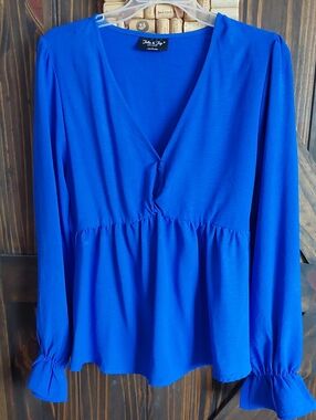 Jolie & Joy Royal Blue V-Neck Peplum Blouse - Sz L